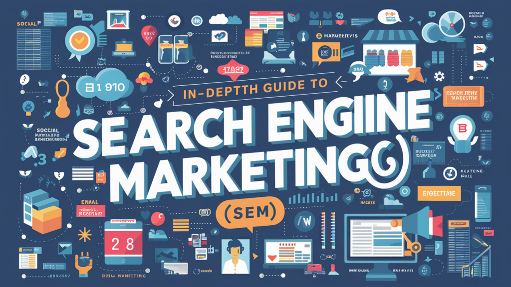 A visually engaging and informative blog post titled "In-Depth Guide To Search Engine Marketing (SEM) ". The image features a collage of various online marketing tools and strategies, such as social media icons, search engine optimization, email marketing, and data analytics. A colorful and engaging infographic style, with a modern design, creates an inviting atmosphere to learn about the world of online marketing.