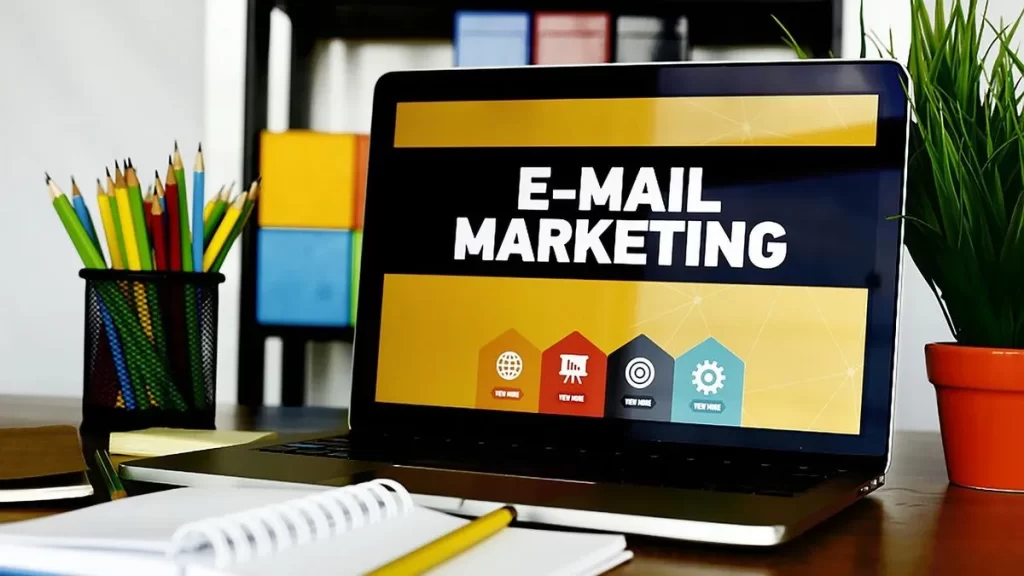 pros and cons of email marketing, with icons representing advantages like engagement and drawbacks like spam concerns