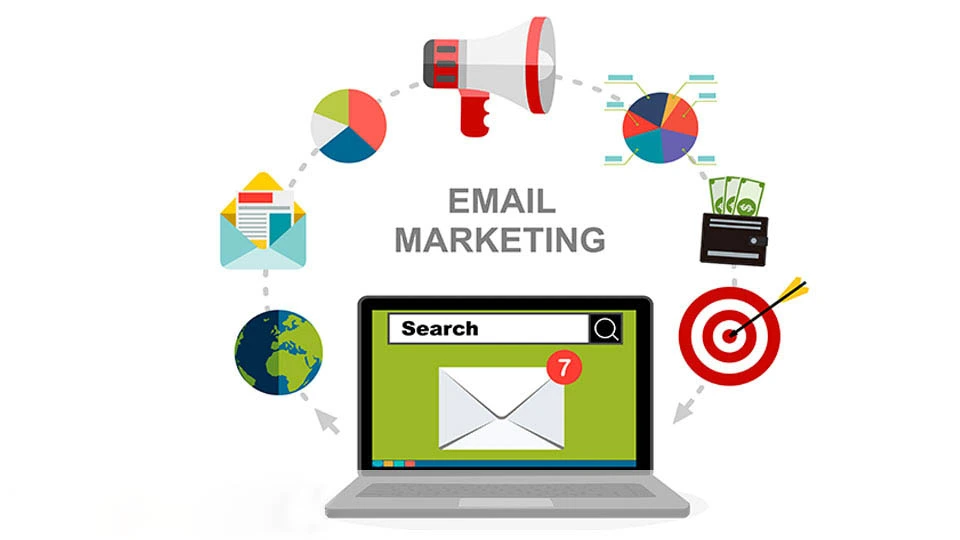 pros and cons of email marketing, with icons representing advantages like engagement and drawbacks like spam concerns